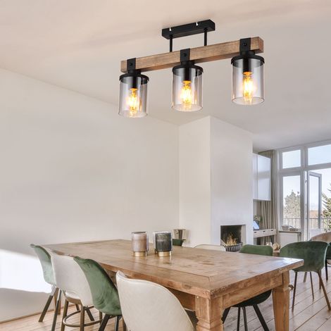 Deckenlampe Deckenleuchte Holzlampe Esszimmerleuchte Wohnzimmer, 3 flammig, Landhaus Holzoptik braun Rauchglas schwarz, 3x E27 Fassungen, LxBxH 52x10x28,6cm