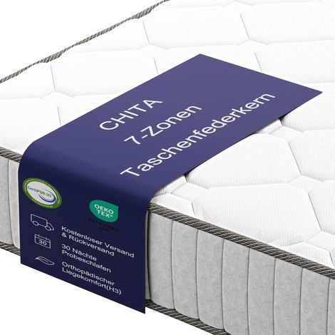 CHITA 120x200 cm H3 Matratze, 7-Zonen Taschenfederkern, orthopädisch, 20 cm hoch, atmungsaktiv, verstärkter Rand