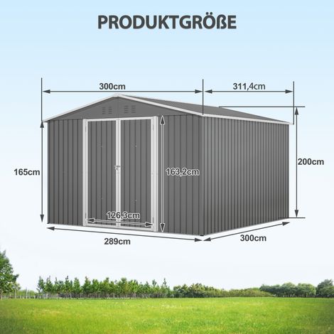Abri de jardin en métal 3 x 3 m avec structure de plancher, robuste, en acier, avec portes verrouillables et résistant aux intempéries – Gris (1/4)