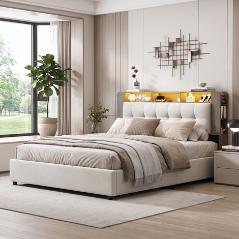 Superaly Lit Double LED 140x200 cm, Structure Barométrique Lit de Rangement, Tête de Lit Rembourrée épaissie, double Ports USB et Type-C avec 2 Prises Euro, Sommier à Lattes, velours beige (1/5)