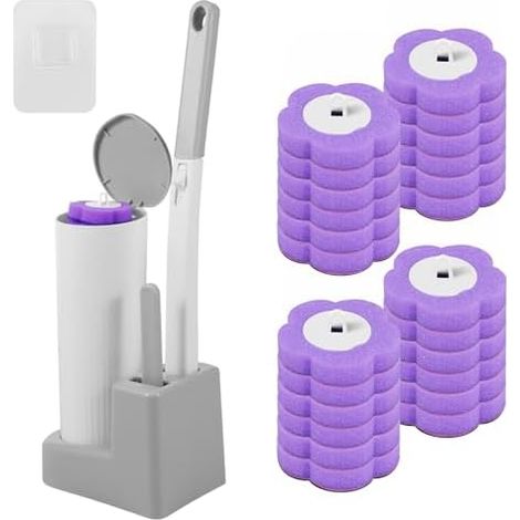 Toilet Brush Disposable Toilet Brush with 30 Cleaning Refills, Sponge, Toilet Rod Replacement Heads, with Holder for Washbasin, Bathtub (D) (1/5)