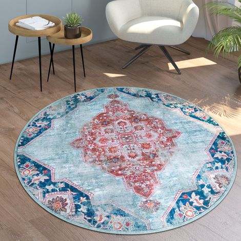 Paco Home Teppich Wohnzimmer Flachgewebe Rund Modern Orient Muster Ornamente Vintage Waschbar Türkis, 160 cm Rund