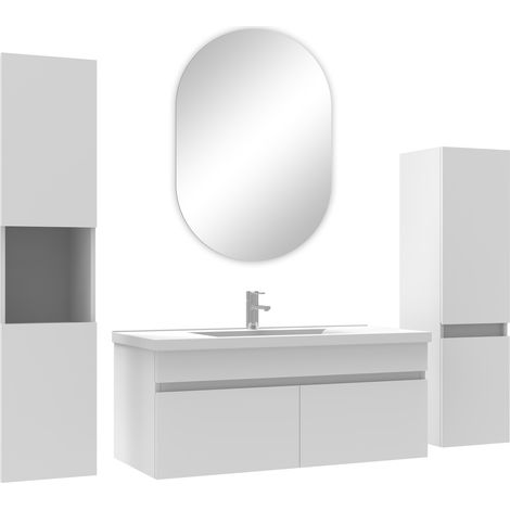 Ocean meuble Salle de Bain Blanc 100cm simple vasque + colonne + miroir ovale