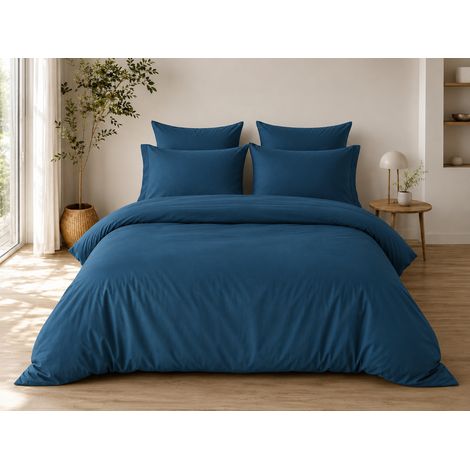 Parure de Lit Complète 240 x 220 cm Bleu - 100% Coton 57 Fils - Drap-Housse 140x190 + 4 Taies (1/5)