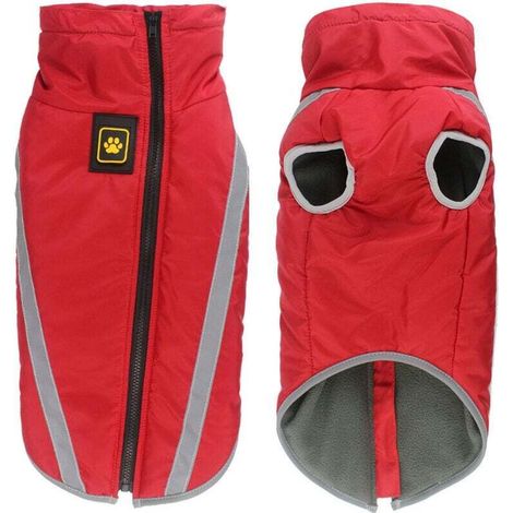 Wasserdichter Hundemantel, warme Winterjacke, winddichte Welpenkleidung, reflektierende Weste für kleine, mittlere und große Hunde - fleecegefüttert, mit Geschirröffnung, Rot (3-Crezuo)