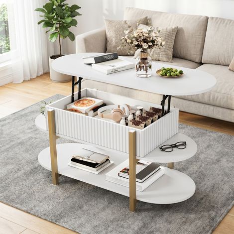 Table basse relevable 106 cm, table de salon ovale avec rangement caché, plateau extensible, style moderne luxe, blanc et doré (1/5)