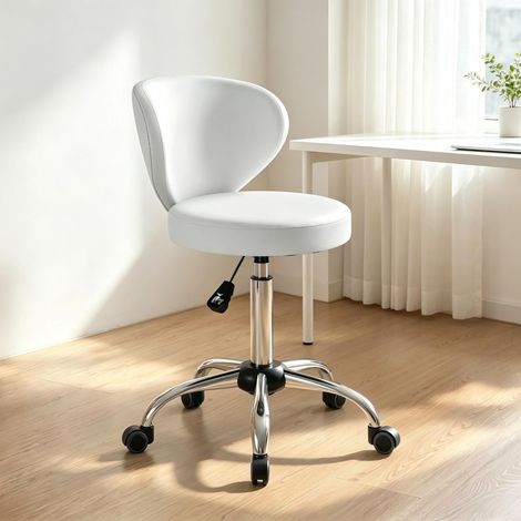 Tabouret roulant, tabouret de massage pivotant à 360° en PU avec hauteur réglable de 73 à 88 cm et dossier. (1/5)