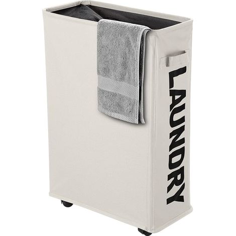 Panier à Linge Pliable avec Roues, Corbeilles Mince et Pliant Bac Collecteur de Buanderie Petite Poignée pour Transporter et Ranger vêtements ou Jouet, Beige (1/5)