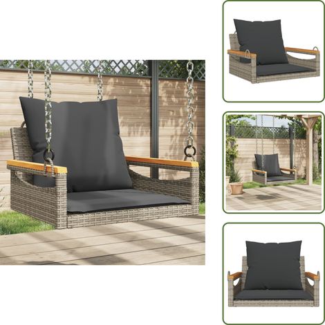 Balancelle avec coussins gris 63x62x40 cm résine tressée - Balancelle De Jardin - Banc De Jardin - Chaise Suspendue - Fauteuil Suspendu - Mobilier Extérieur