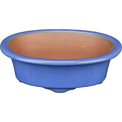 Vaso per bonsai ovale in gres smaltato blu 13,5x9,5x4 cm - ZX26
