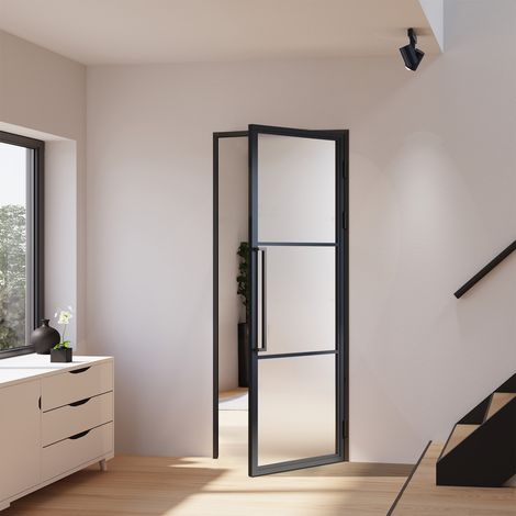 Porte verrière intérieure 83 x 211,5 cm, bloc porte Loft, verre satiné, style atelier 2 rayures, ouverture tirant droite