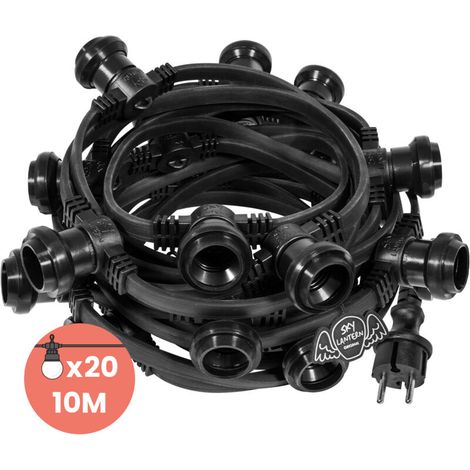 Guirlande lumineuse d'extérieur 10m noire IP65 – 20 douilles E27 – Raccordable pour événements en extérieur – Compatible avec ampoules LED