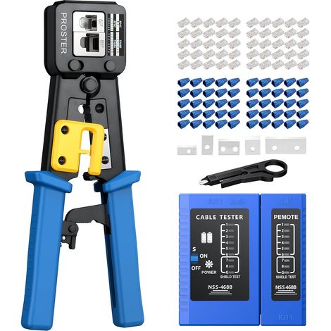 Proster RJ45 Network Kit Crimping Tool - Cat6 Ethernet Pass Through Crimping Tool with Tester, 50 Gold Plated Connectors, Installation Home Office Technician (1/5)
