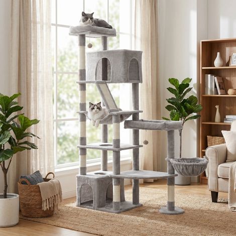 Arbre à Chat 6 Niveaux avec Griffoir, Poteaux en Sisal et Base Renforcée 105 x 45 x 188 cm Gris clair (1/5)