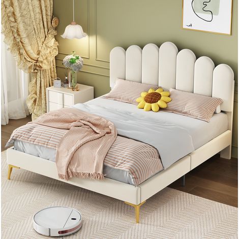 Lit adulte 140x200 chambre velours beige ajustable sobre OKMYHOME (1/5)