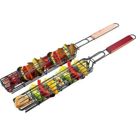 2 pièces paniers Grille pour Barbecue, Grille de Barbecue avec poignée en Bois pour Kebab, Saucisse, légumes, Poissons, crevettes, 49 x 4,7cm (1/4)
