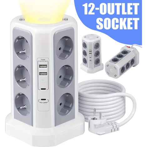 Tour Multiprise Parasurtenseur Parafoudre 12 Prises avec  USB  Ports - Cordon de 2m - Noir (1/5)