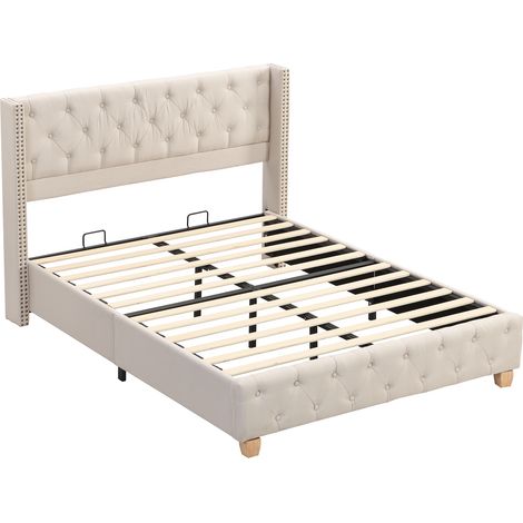 Cama tapizada 160 x 200 cm con somier y cabecero, tejido de lino beige (1/5)