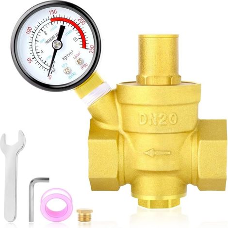 Vanne régulatrice de pression d'eau en laiton 3/4 pouce, vanne réductrice de pression DN20, avec manomètre 0-250PSI. Couleur jaune, pour usage domestique. (1/5)
