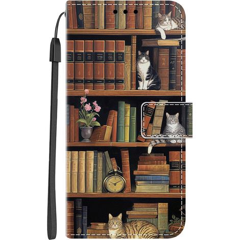 Coque pour Samsung Galaxy A54 Antichoc PU Cuir à Rabat Housse Étui avec Mignonne Motif Dessin Design, Portefeuille Etui Flip Folio Case Cover pour Galaxy A54, Chat Bibliothèque (1/5)