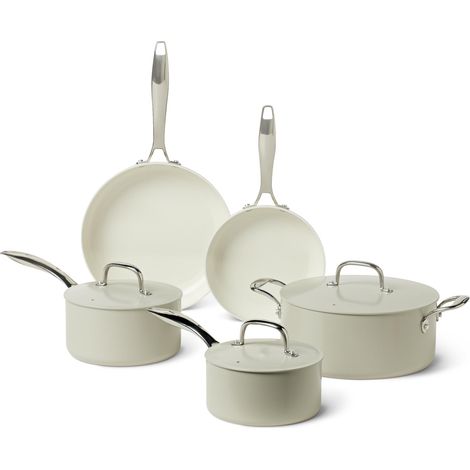 Lot de 8 Casseroles et Poêles Antiadhésives en Céramique, Compatible Lave-Vaisselle et Four, Compatible Tous Feux, Couleur Gris Lin (1/5)