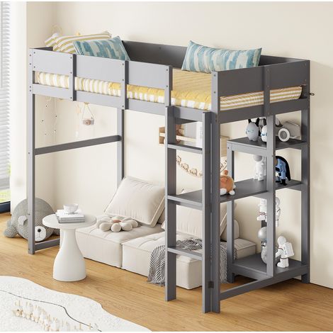 DESVIAE Lit mezzanine enfant avec étagère 90 x 200 cm en bois de pin gris avec sommier à lattes (1/5)