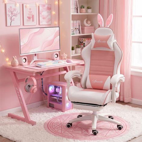 Chaise Gaming Ergonomique avec Oreilles, Repose-Pieds Escamotable, Coussin Lombaire et Appui-Tête, Rose (1/5)