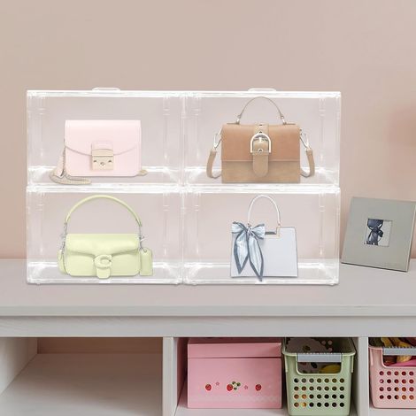 Lot de 4 boîtes de rangement pour vitrine et étagère, organisateur transparent pour sacs à main et chaussures, 36 x 27 x 23 cm, boîte empilable, protège de la poussière (1/5)