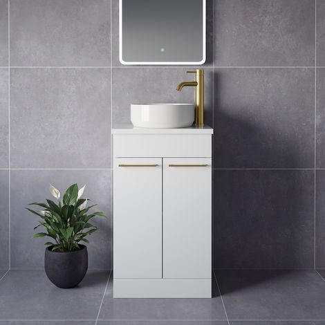 Napoli 390 Gloss White 500mm 2 Door Vanity Unit for Countertop Basins - 500mm - Brushed Brass 160mm Handle