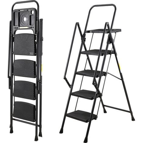 4 Step Ladder, Sturdy Steel Step Stool with Anti-Slip Wide Pedals, Handrail, Safe-Lock Design, Pass 330 lbs Load Testing, Folding Portable Ladder for Multi-Purpose, Home, Kitchen, Black (1/5)