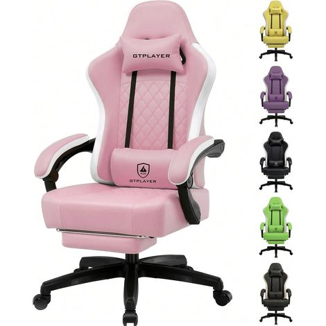 Chaise Gaming Ergonomique en Simili-Cuir, Coussin à Ressorts, Accoudoirs Fixes et Repose-Pieds, Capacité 150kg - Rose
