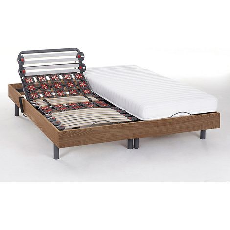 Lit électrique de relaxation lattes et plots + matelas accueil latex - 2 x 80 x 200 cm - Chêne - PANDORA II de YSMÉE (1/4)