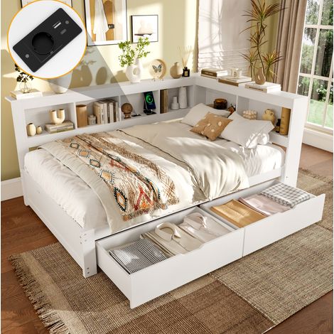 Letto adulti 140x200 cm con 2 cassetti, presa elettrica, 2 porte USB e rete a doghe, senza materasso, bianco (1/5)