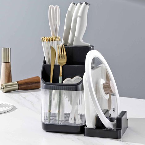 Bloc à couteaux avec bac de drainage et rangement transparent pour ustensiles de cuisine noir (1/5)