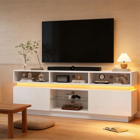 Meuble TV 160 x 35 x 60cm étagère verre trempé, éclairage LED haute brillance. Adapté aux TV 60 pouces, blanc
