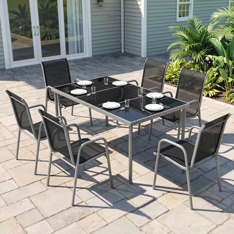 Salon de Jardin 6 Personnes Ensemble Table et Chaises Jardin avec Chaises Empilables en Textilène 70x51x87cm Argent (1/5)