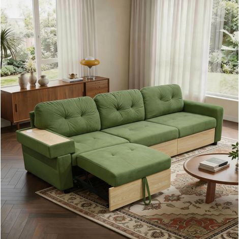 Canapé d’angle 228 cm avec USB, ottomane extractible, rangement et tablette en bois, velours vert (1/5)
