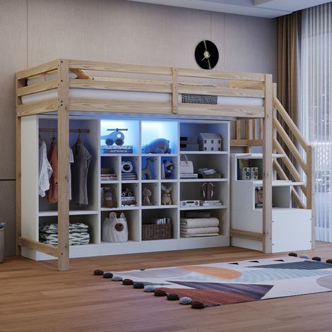 Lit mezzanine enfant 90x200 cm avec équipé de placards de rangement et d'une armoire, LED et échelle de rangement latérale, bois (1/5)