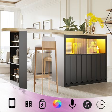 Mobile bar 135-205 cm, tavolo bar allungabile con illuminazione a LED - con ripiani e rotelle - ante rigate, design - Nero (1/5)