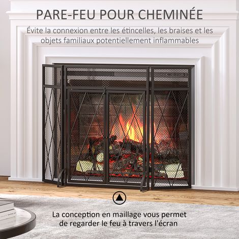 Pare-feu cheminée 3 volets pliables avec porte, métal noir thermolaqué, protection étincelles 120x79 cm (1/5)