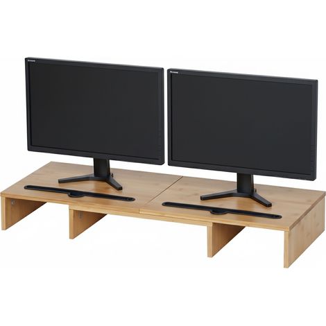 Soporte para monitor Relaxdays, 2 monitores, segmentos ajustables, ancho 74-105 cm, bandeja ergonómica de bambú, natural (1/5)