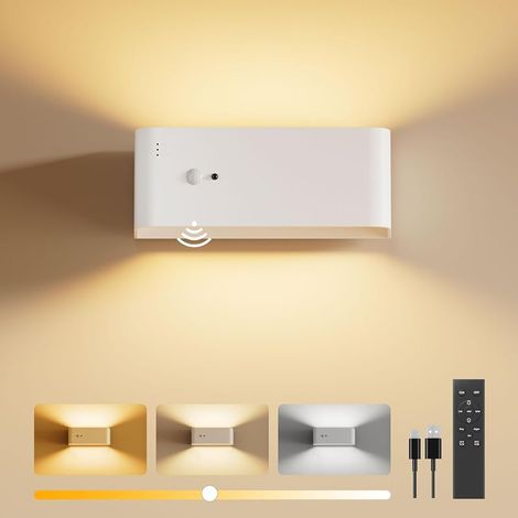 Applique murale d'intérieur sans fil avec détecteur de mouvement avec télécommande, applique murale LED sans fil avec batterie rechargeable de 8000 mAh, luminosité réglable, pour chambre à (1/5)