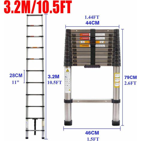 10.5FT Höhe Teleskopleiter 3,2M Ausziehbare Leiter, Klappleiter Stehleiter Rutschfester, aus hochwertigem Edelstahl, Ausziehleiter Mehrzweckleiter, Haushaltsleiter 150 kg Belastbarkeit DHL