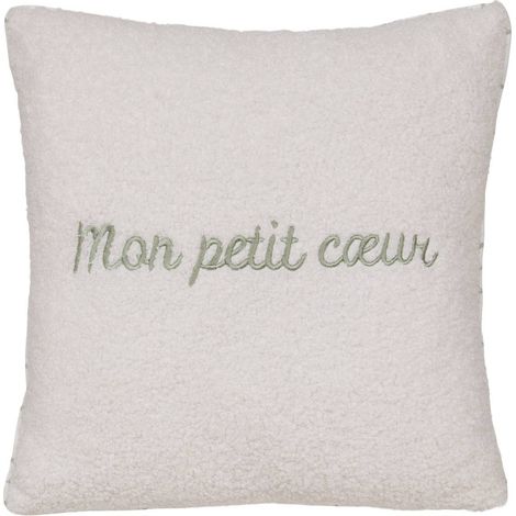 Coussin reversible bouclette/motif coeurs Jaiko 40x40cm blanc et vert - Atmosphera créateur d'intérieur (1/4)