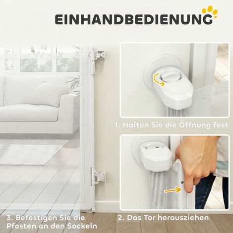 Barrière de sécurité extensible 0-140 cm pour animaux, à une main, pour escaliers et portes, blanc (1/5)