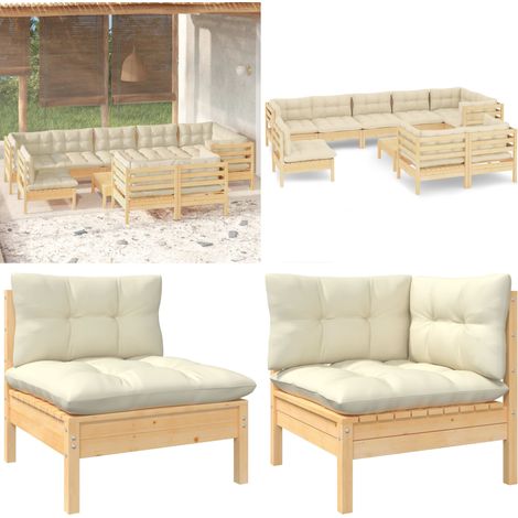 10-tlg. Garten-Lounge-Set mit Creme Kissen Massivholz Kiefer - Gartensaison - Lounge Set - Gartenmöbel - Outdoor Möbel - Kiefernholzmöbel - Home & Living