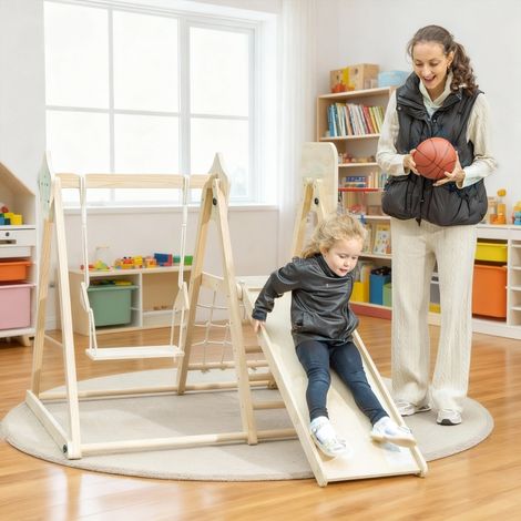 Cadre d’escalade intérieur 5-en-1 avec toboggan - panier de basket - balançoire - 3 à 6 ans - bois naturel - filet d’escalade - pliable