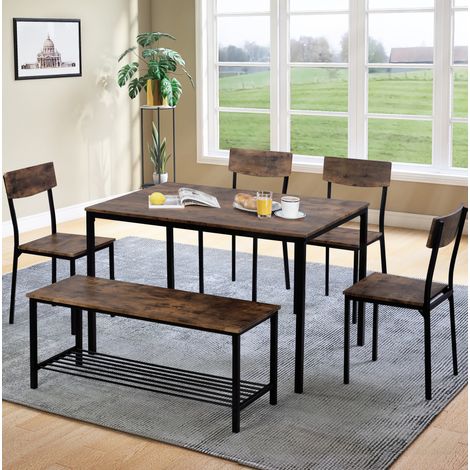Ensemble table chaises 6 pièces avec banc, en panneau de particules et acier, marron DESVIAE (1/5)