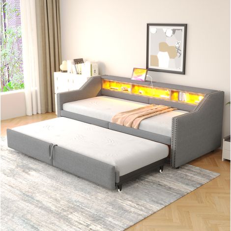 Polsterbett ausziehbar 90/180x200 mit USB-Buchse OKMYHOME (1/5)