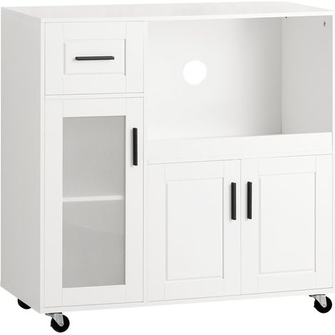 Sobuy – Buffet de cuisine sur roulettes avec rangement pour micro-ondes – 3 portes, 1 tiroir, étagère réglable – MDF E1 et verre trempé – FSB78W